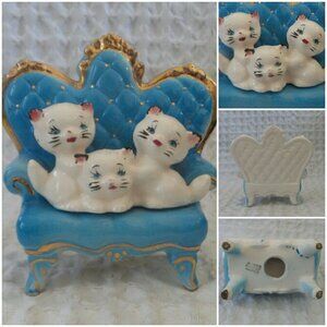 Bradley Orimco Figurine KITTY CATS on Fancy Blue Sofa 1959 Japan Gold Accent VTG